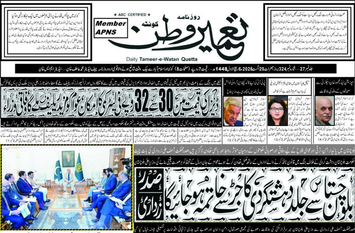 Daily Tameere Watan Quetta 20 Aug 2026
