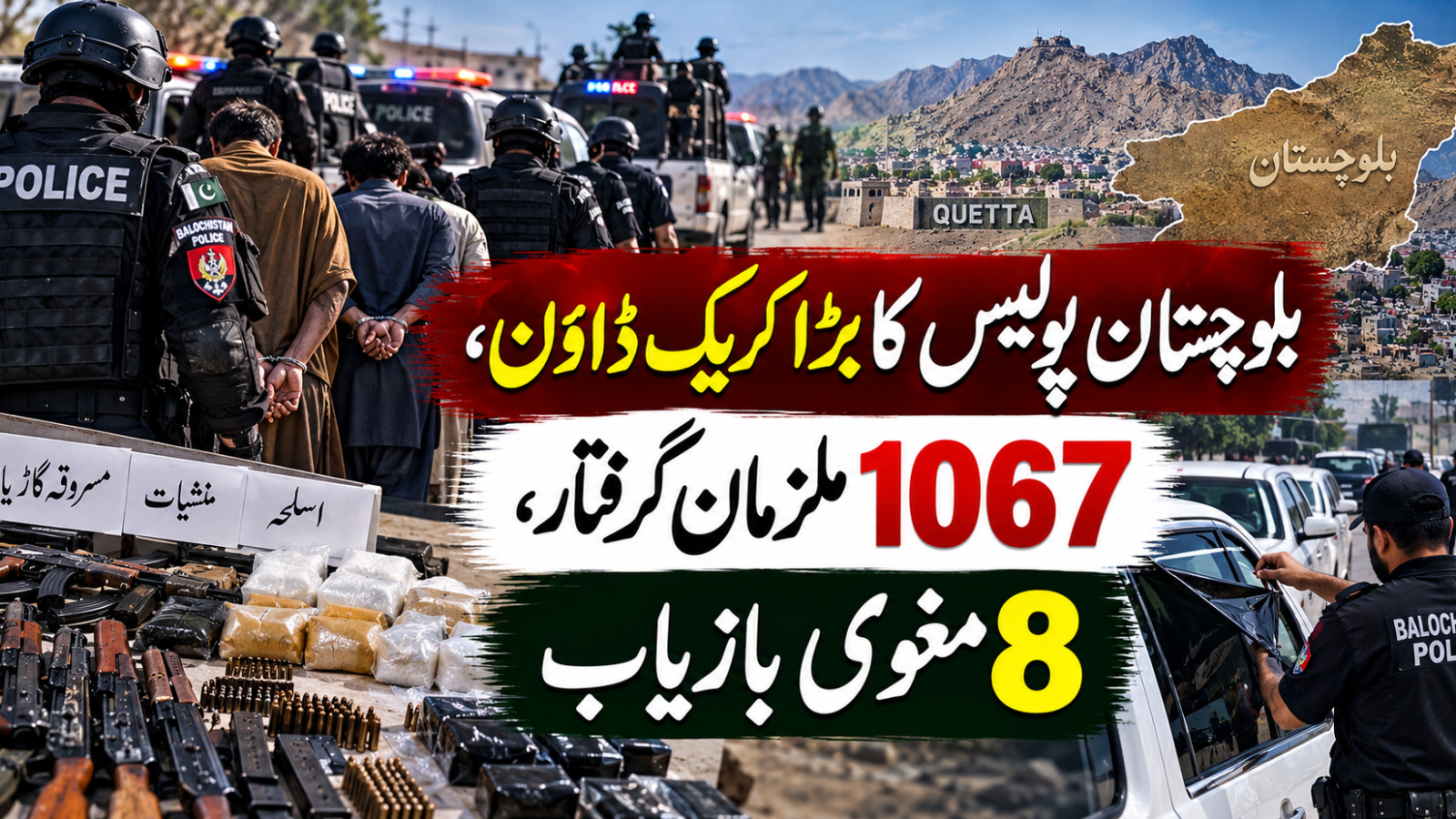 بلوچستان پولیس کا بڑا کریک ڈاؤن، 1067 ملزمان گرفتار، 8 مغوی بازیاب