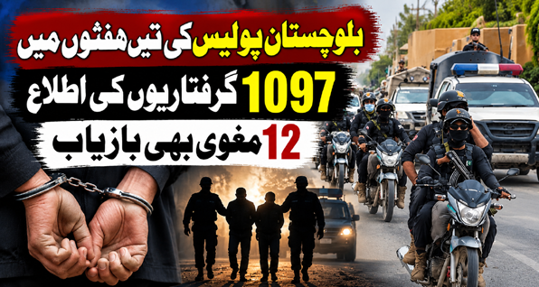 بلوچستان پولیس کی تین ہفتوں میں 1097 گرفتاریوں کی اطلاع، 12 مغوی بھی بازیاب