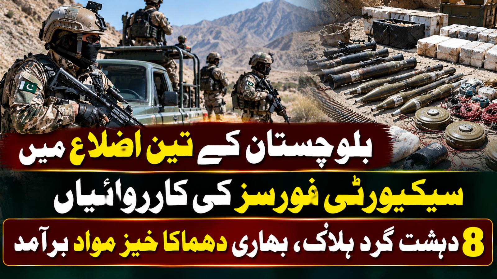 بلوچستان کے تین اضلاع میں سیکیورٹی فورسز کی کارروائیاں، 8 دہشت گرد ہلاک، بھاری دھماکا خیز مواد برآمد