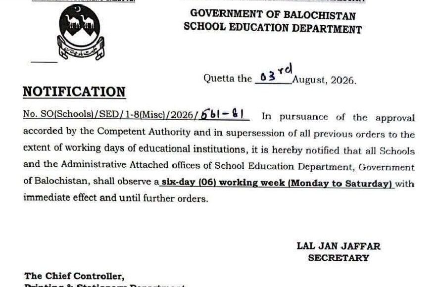 بریکنگ نیوز،محکمہ تعلیم بلوچستان کا بڑا فیصلہ،اتوار کے علاوہ تمام چھٹیاں منسوخ